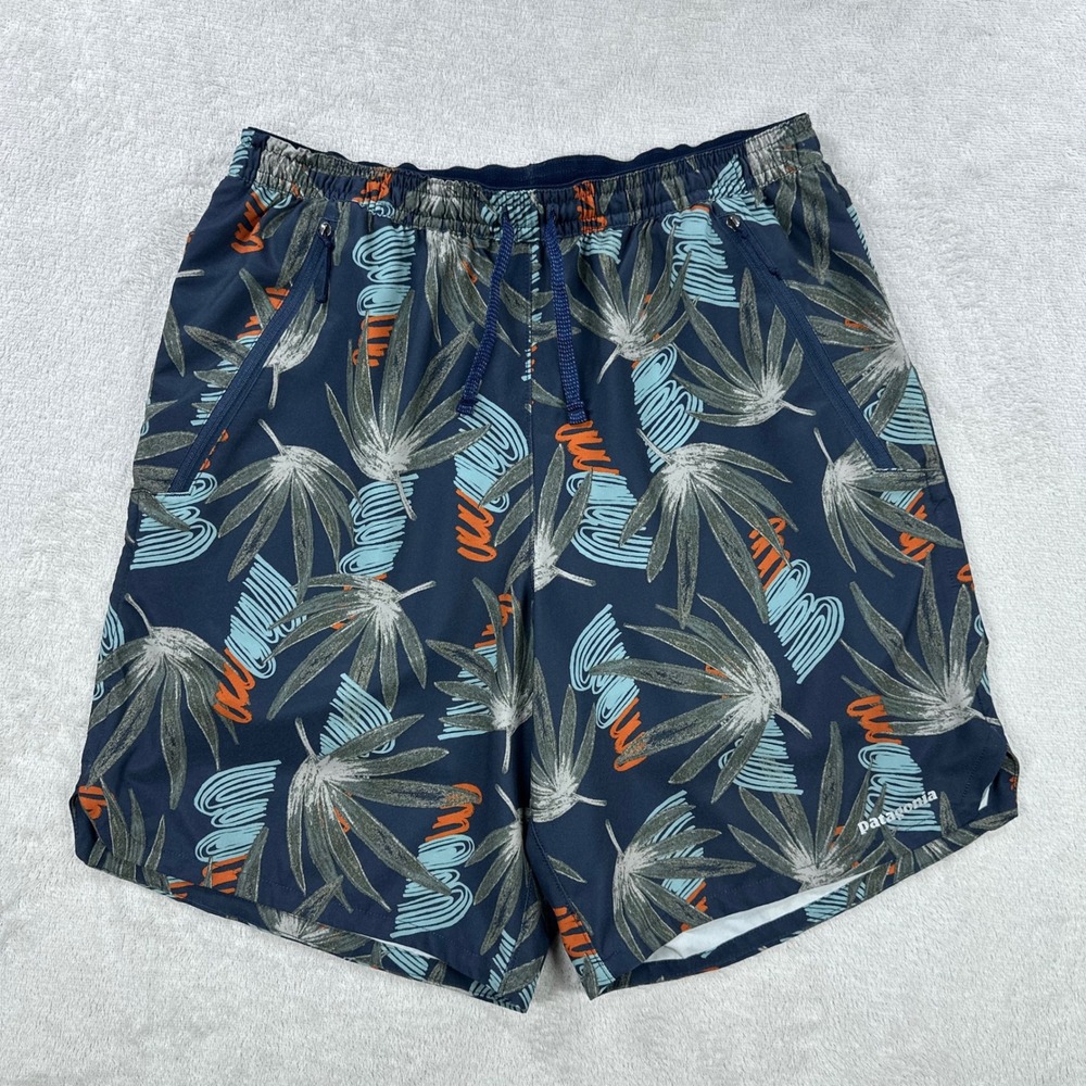 Patagonia Nine Trails Shorts Mens Small Blue Tropical Palm Leaf 8" Lined Outdoor